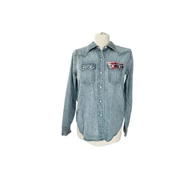 Levi’s || Western Pearl Snaps Plaid Bow Denim Long Sleeve Shirt XS - Picture 1 of 7